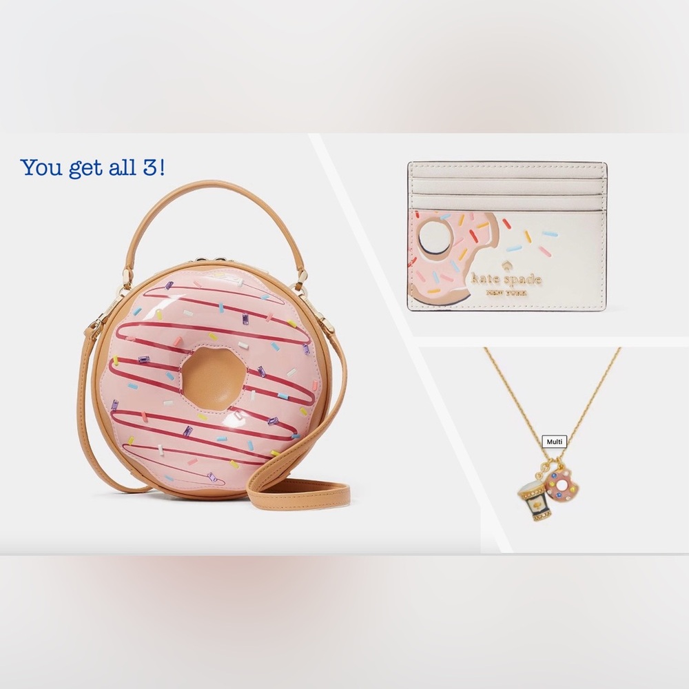 Kate Spade Coffee Break SET Donut Doughnut Crossbody, Cardholder & Necklace